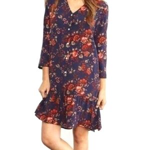 Amour Vert 100% Silk Navy Floral Long Sleeve Dress